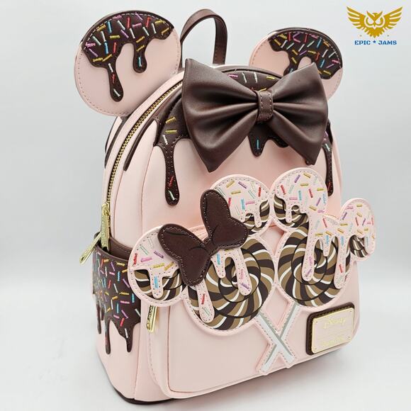 Loungefly Disney Minnie Mouse Chocolate Sprinkle Lollipop Ears Mini Backpack New - Picture 2 of 9